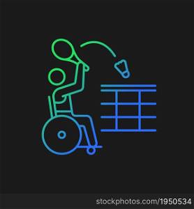 Wheelchair badminton gradient vector icon for dark theme. Team sport competition. Sportsman with disability. Thin line color symbol. Modern style pictogram. Vector isolated outline drawing. Wheelchair badminton gradient vector icon for dark theme