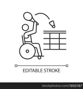 Wheelchair badminton linear icon. Rival sport competition. Sportsman with disability. Thin line customizable illustration. Contour symbol. Vector isolated outline drawing. Editable stroke. Wheelchair badminton linear icon