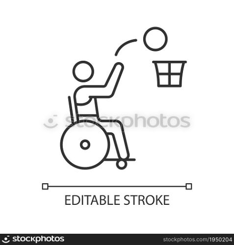 Wheelchair basketball linear icon. Competitive sport. Adaptive basketball. Disabled athletes. Thin line customizable illustration. Contour symbol. Vector isolated outline drawing. Editable stroke. Wheelchair basketball linear icon