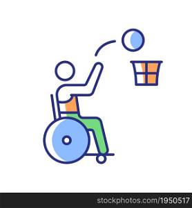 Wheelchair basketball RGB color icon. Competitive ball sport. Adaptive basketball game. Wheelchair sportsman. Disabled athletes. Isolated vector illustration. Simple filled line drawing. Wheelchair basketball RGB color icon