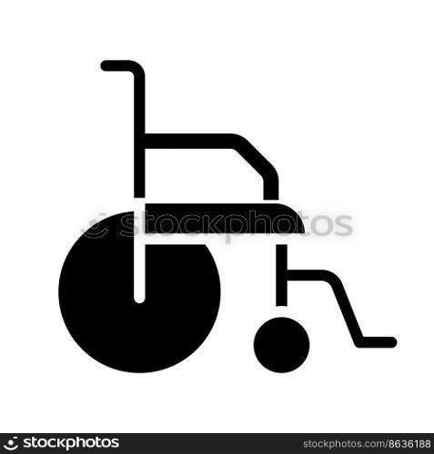 Wheelchair black glyph icon. Medical transportation device. Injury rehabilitation. Healthcare. Patient mobility. Silhouette symbol on white space. Solid pictogram. Vector isolated illustration. Wheelchair black glyph icon