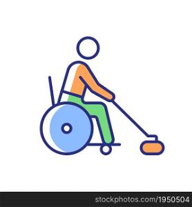 Wheelchair curling RGB color icon. Adaptive sport championship. Winter game match. Team competition on ice. Sportsman with disability. Isolated vector illustration. Simple filled line drawing. Wheelchair curling RGB color icon