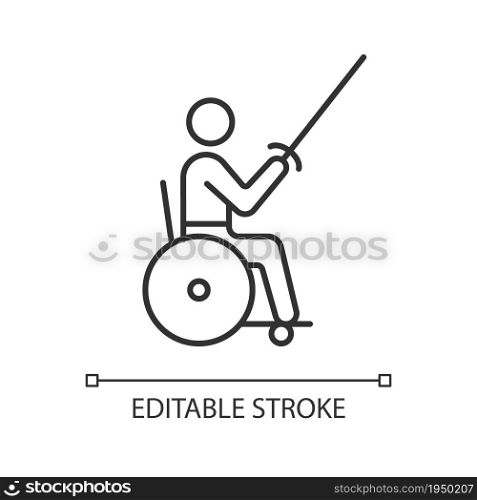 Wheelchair fencing linear icon. Individual competition. Swordfight discipline. Disabled sportsman. Thin line customizable illustration. Contour symbol. Vector isolated outline drawing. Editable stroke. Wheelchair fencing linear icon