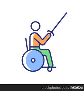 Wheelchair fencing RGB color icon. Individual competitive sport. Intense and dynamic combat performance. Disabled sportsman. Isolated vector illustration. Simple filled line drawing. Wheelchair fencing RGB color icon