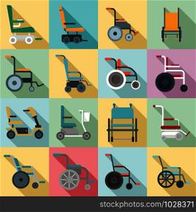 Wheelchair icons set. Flat set of wheelchair vector icons for web design. Wheelchair icons set, flat style