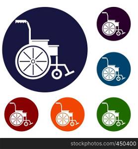 Wheelchair icons set in flat circle reb, blue and green color for web. Wheelchair icons set