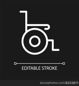 Wheelchair pixel perfect white linear ui icon for dark theme. Medical equipment. Disability. Vector line pictogram. Isolated user interface symbol for night mode. Editable stroke. Arial font used. Wheelchair pixel perfect white linear ui icon for dark theme
