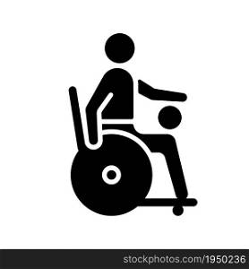 Wheelchair rugby black glyph icon. Competitive sport for sitting athletes. Team contest ball game. Disabled sportsmen. Silhouette symbol on white space. Vector isolated illustration. Wheelchair rugby black glyph icon