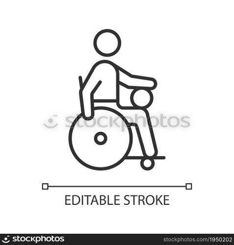 Wheelchair rugby linear icon. Competitive sport for sitting athletes. Disabled sportsmen. Thin line customizable illustration. Contour symbol. Vector isolated outline drawing. Editable stroke. Wheelchair rugby linear icon