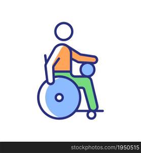Wheelchair rugby RGB color icon. Competitive sport for sitting athletes. Team contest ball game. Sportsmen with disability. Isolated vector illustration. Simple filled line drawing. Wheelchair rugby RGB color icon