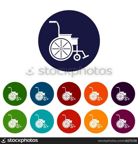 Wheelchair set icons in different colors isolated on white background. Wheelchair set icons