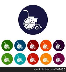 Wheelchair set icons in different colors isolated on white background. Wheelchair set icons