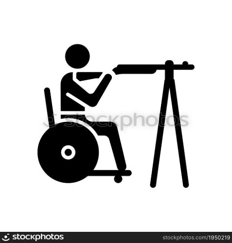 Wheelchair shooting black glyph icon. Athlete demonstrate accuracy. Hitting targets from various distances. Sportsman with disability. Silhouette symbol on white space. Vector isolated illustration. Wheelchair shooting black glyph icon