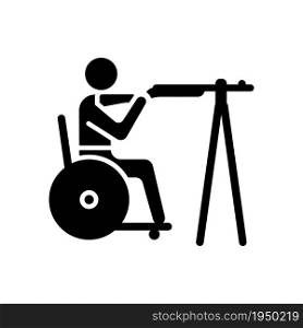 Wheelchair shooting black glyph icon. Athlete demonstrate accuracy. Hitting targets from various distances. Sportsman with disability. Silhouette symbol on white space. Vector isolated illustration. Wheelchair shooting black glyph icon