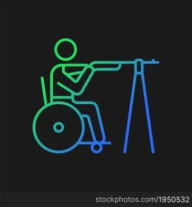 Wheelchair shooting gradient vector icon for dark theme. Hitting targets from distance. Sportsman with disability. Thin line color symbol. Modern style pictogram. Vector isolated outline drawing. Wheelchair shooting gradient vector icon for dark theme