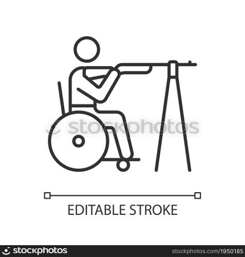 Wheelchair shooting linear icon. Hitting targets from distance. Sportsman with disability. Thin line customizable illustration. Contour symbol. Vector isolated outline drawing. Editable stroke. Wheelchair shooting linear icon