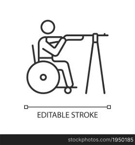 Wheelchair shooting linear icon. Hitting targets from distance. Sportsman with disability. Thin line customizable illustration. Contour symbol. Vector isolated outline drawing. Editable stroke. Wheelchair shooting linear icon