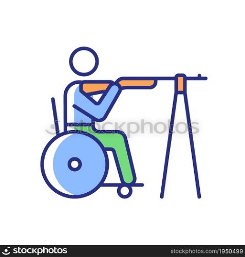 Wheelchair shooting RGB color icon. Athlete demonstrate accuracy. Hitting targets from various distances. Sportsman with disability. Isolated vector illustration. Simple filled line drawing. Wheelchair shooting RGB color icon