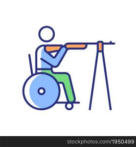 Wheelchair shooting RGB color icon. Athlete demonstrate accuracy. Hitting targets from various distances. Sportsman with disability. Isolated vector illustration. Simple filled line drawing. Wheelchair shooting RGB color icon