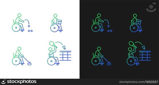 Wheelchair sports gradient icons set for dark and light mode. Sportsmen with disability. Thin line contour symbols bundle. Isolated vector outline illustrations collection on black and white. Wheelchair sports gradient icons set for dark and light mode