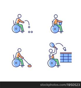 Wheelchair sports RGB color icons set. Adaptive sport games. Wheelchair users. Competitive ball games. Sportsmen with disability. Isolated vector illustrations. Simple filled line drawings collection. Wheelchair sports RGB color icons set