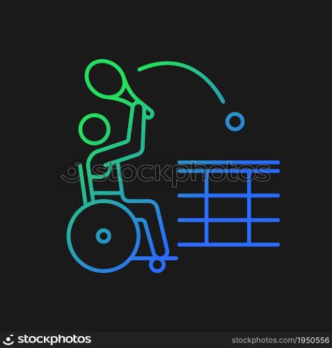 Wheelchair tennis gradient vector icon for dark theme. Competitive team sport. Adaptive tennis. Athlete with disability. Thin line color symbol. Modern style pictogram. Vector isolated outline drawing. Wheelchair tennis gradient vector icon for dark theme