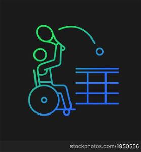 Wheelchair tennis gradient vector icon for dark theme. Competitive team sport. Adaptive tennis. Athlete with disability. Thin line color symbol. Modern style pictogram. Vector isolated outline drawing. Wheelchair tennis gradient vector icon for dark theme