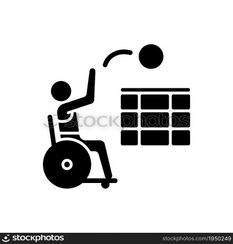 Wheelchair volleyball black glyph icon. Sitting athletes competition. Professional sport event. Ball game for team contest. Silhouette symbol on white space. Vector isolated illustration. Wheelchair volleyball black glyph icon