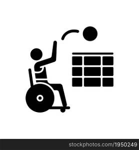 Wheelchair volleyball black glyph icon. Sitting athletes competition. Professional sport event. Ball game for team contest. Silhouette symbol on white space. Vector isolated illustration. Wheelchair volleyball black glyph icon
