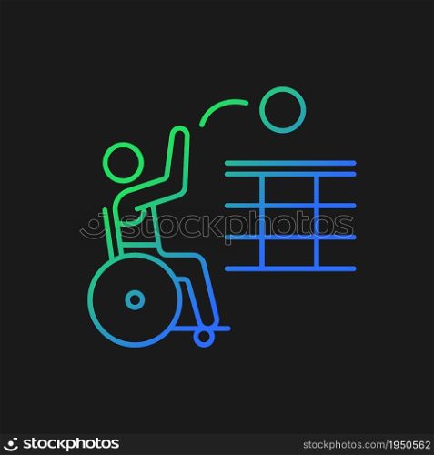 Wheelchair volleyball gradient vector icon for dark theme. Sitting athletes competition. Professional sport event. Thin line color symbol. Modern style pictogram. Vector isolated outline drawing. Wheelchair volleyball gradient vector icon for dark theme