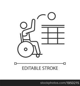 Wheelchair volleyball linear icon. Sitting athletes competition. Professional sport event. Thin line customizable illustration. Contour symbol. Vector isolated outline drawing. Editable stroke. Wheelchair volleyball linear icon