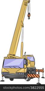 Wheeled car crane in working position isolated on white background.