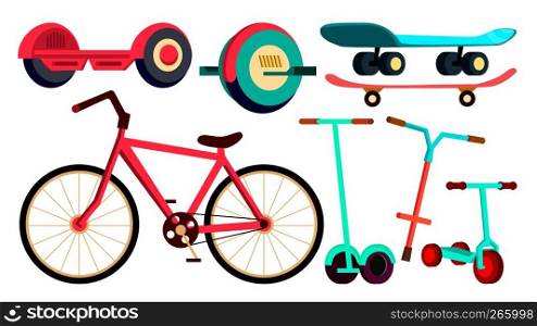 Wheeled Items Set Bicycle, Skateboard, Scooter Vector. Urdan Transport. Modern Gadget. Isolated Flat Cartoon Illustration. Wheeled Items Set Bicycle, Skateboard, Scooter Vector. Urdan Transport. Modern Gadget. Isolated Cartoon Illustration