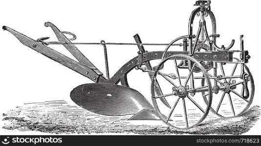Wheeled plow with iron age, Didelot abbe, vintage engraved illustration. Industrial encyclopedia E.-O. Lami - 1875.