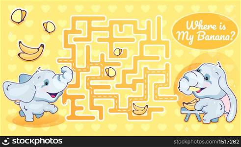 Where is my banana labyrinth with cartoon character template. Animal looking for food find path maze with solution for educational kids game. Baby elephant eating bananas printable flat vector layout