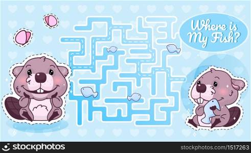 Where is my fish labyrinth with cartoon character template. Smiling beaver find path maze with solution for educational kids game. Rodent eating seafood printable flat vector layout