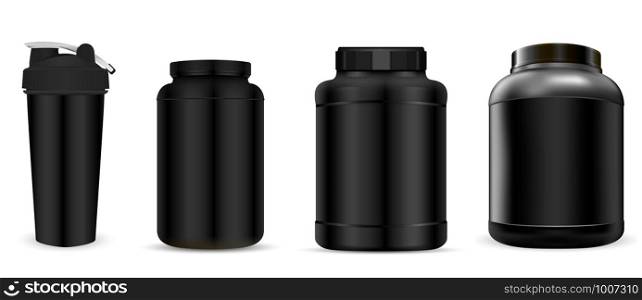 Whey protein supplement bottle. Sport jar mockup. Powder nutrition container for fitness in gym. Plastic drink canister body gainer. Workout shake. Tube for bodybuilding dietary: pill, capsule. Whey protein supplement bottle. Sport jar mockup
