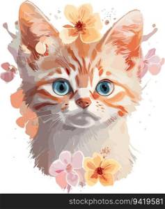 Whimsical Feline Beauty: Detailed Illustration of a Vivid Cute Kitten Head Surrounded by Fantasy Flower Splash in a Vintage T-Shirt Design