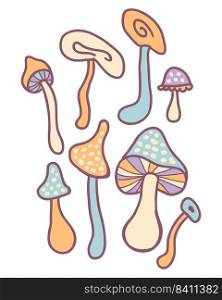 Whimsical fungus mushrooms retro psychedelic print. Perfect for tee, posters, stickers. Hand drawn vector illustration for decor and design.