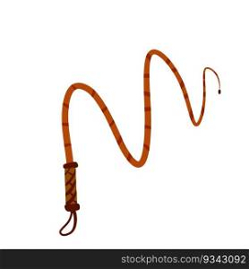 Whip for training an animal. Long cord. Horsewhip of Wild West. Flat cartoon. Concept of slavery, submission and domination.. Whip for training an animal. Long cord.