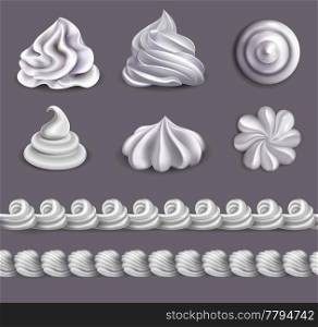 Whipped cream realistic set in different shapes isolated vector illustration . Whipped Cream Set