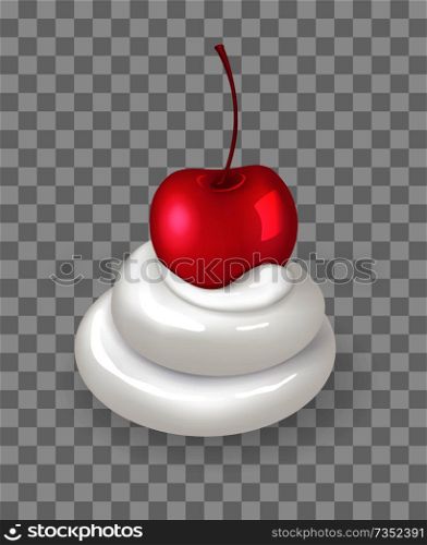 Whipped cream thick swirl with ripe cherry on top. Delicious natural dessert of sweet berry and tender dairy product isolated vector illustration.. Swirl of Whipped Cream with Ripe Cherry on Top