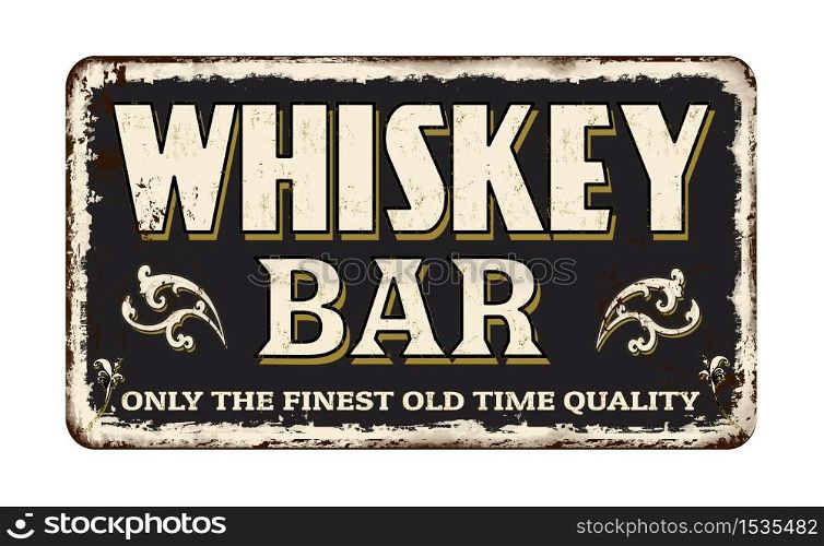 Whiskey bar vintage rusty metal sign on a white background, vector illustration