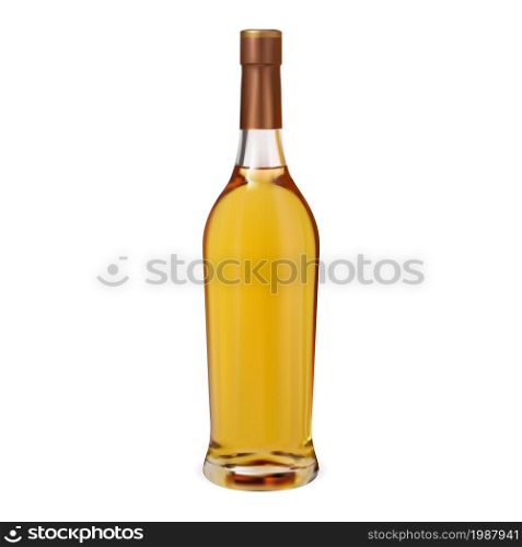 Whiskey bottle. Realistic glass bourbon bottle, realistic alcohol package. Brandy jar mock up. Cognac flask design for advertising, glossy amber gold color spirit drink, cork lid. Whiskey bottle. Realistic glass bourbon bottle, scotch
