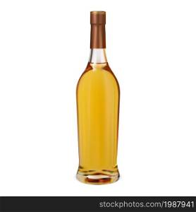 Whiskey bottle. Realistic glass bourbon bottle, realistic alcohol package. Brandy jar mock up. Cognac flask design for advertising, glossy amber gold color spirit drink, cork lid. Whiskey bottle. Realistic glass bourbon bottle, scotch