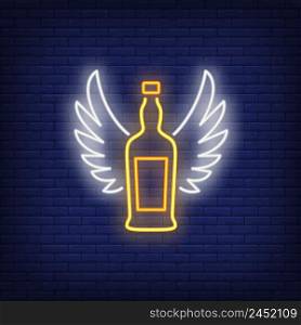 Whiskey bottle with angel wings neon sign. Alcoholic drink, bar and party design. Night bright neon sign, colorful billboard, light banner. Vector illustration in neon style.