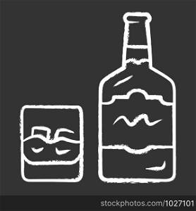 Whiskey chalk icon. Bottle and old fashioned glass with drink and ice. Scotch, rum shot. Distilled alcoholic beverage consumed for cocktails. Brandy, bourbon. Isolated vector chalkboard illustration
