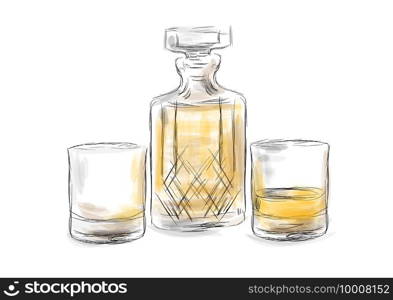whiskey decanter and glasses isolated on white background
