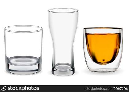 Whiskey glass isolated. Transparent alcohol cup vector illustration, bourbon drink. Beer glass mockup, restaurant glassware. Scotch whiskey tumbler set, bar drunk without ice rocks. Whiskey glass isolated. Transparent alcohol cup