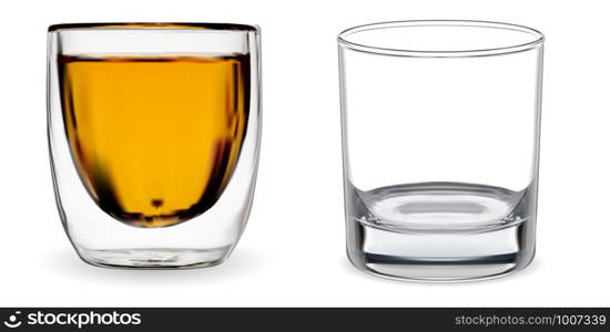 Whiskey glass. Transparent bourbon cup isolated. 3d realistic vector mug for rum or scotch alcohol coctail. Empty glassware mockup blank. Clean modern beverage utensil design. Empty crystal. Whiskey glass. Transparent bourbon cup isolated